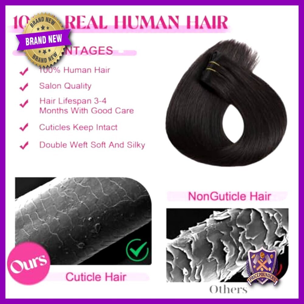 Real Human Hair Clip-In Extensions 20 Inch Straight Seamless 8pc Double Weft - Picture 5 of 6